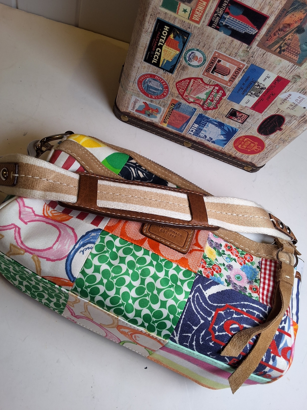 Coach Multicolor Hampton Patchwork Shoulder Bag with Leather Trim